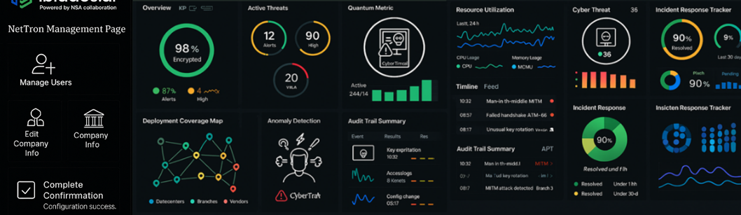 Screenshot mockup of the NetTron management console showing encrypted-traffic status, active threats, quantum metrics, resource utilization, deployment coverage, anomaly detection, and audit trail summary.
